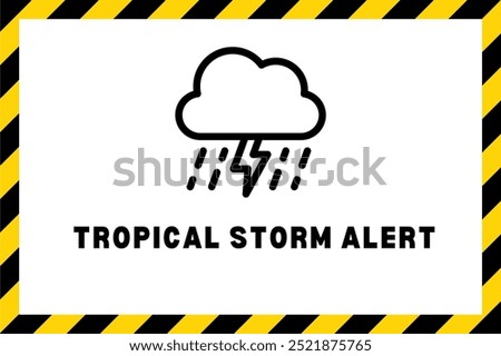 Storm warning. Yellow warning sign of the storm. tornado ahead. Bad weather, hurricane, thunderstorm, storm, squall wind. Vector illustration. danger tropical  alert text words in sign for stickers