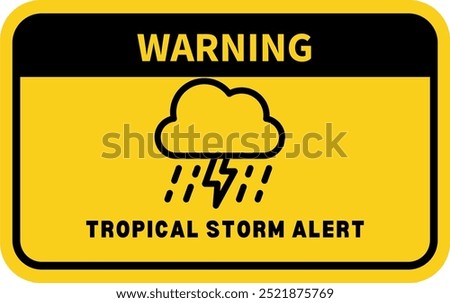 Storm warning. Yellow warning sign of the storm. tornado ahead. Bad weather, hurricane, thunderstorm, storm, squall wind. Vector illustration. danger tropical  alert text words in sign for stickers