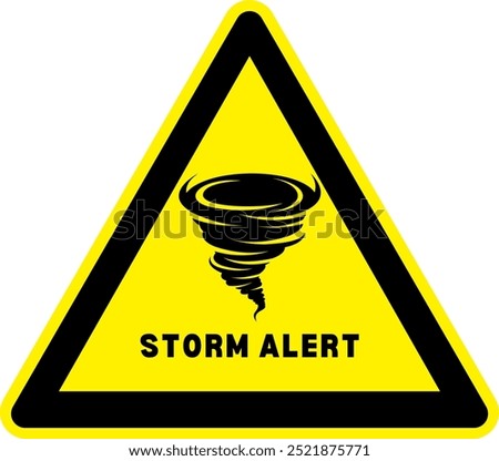 Storm warning. Yellow warning sign of the storm. tornado ahead. Bad weather, hurricane, thunderstorm, storm, squall wind. Vector illustration. danger tropical  alert text words in sign for stickers