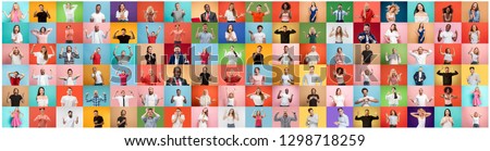 Photo of The collage of faces of surprised people on colored backgrounds. Happy men and women smiling. Human emotions, facial expression concept. collage of different human facial expressions, emotions