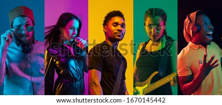 Collage of portraits of young emotional talented musicians on multicolored background in neon light. Concept of human emotions, facial expression, sales. Playing guitar, singing, dancing.