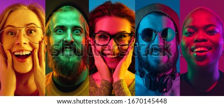 Collage of portraits of young emotional people on multicolored background in neon. Concept of human emotions, facial expression, sales. Smiling, listen to music with headphones. Flyer for ad, proposal