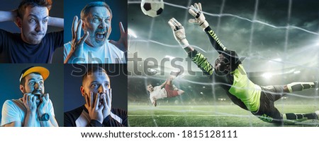 Emotional friends or fans watching football, soccer match on TV, look excited. Fans support, championship, competition, sport, entertainment concept. Collage of neon portraits and sportsman in action.