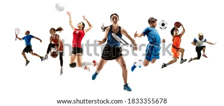 Collage of different professional sportsmen, fit men and women in action and motion isolated on white background. Made of 5 models. Concept of sport, achievements, competition, championship. Foto stock © 