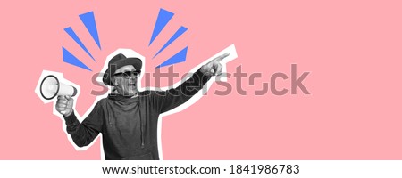 Senior man pointing with megaphone. Collage in magazine style with bright coral pink background. Flyer with trendy colors, copyspace for ad. Discount, sales season, fashion and style concept.
