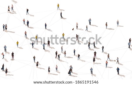 Aerial view of crowd people connected by lines, social media and communication concept. Top view of men and women isolated on white background with shadows. Staying online, internet, technologies.