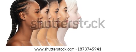 View from side. Multi-ethnic beauty. Collage of different ethnicity and beautiful young women isolated on white background. Flyer for ad. Concept of beauty, fashion, healthcare, skincare. Foto stock © 