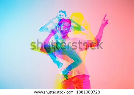 Beautiful. Multiple portrait with glitch duotone effect. Multiple exposure, abstract fashionable beauty photo. Young beautiful male model posing. Youth culture, composite image, fashionable people.