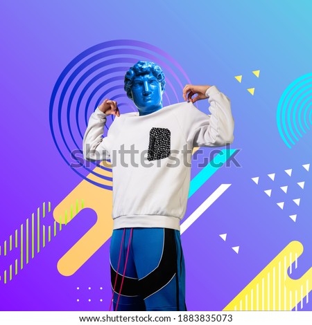 Look at me. Stylish man headed by bright statue on fluid neon background. Negative space to insert your text. Modern design. Contemporary colorful and conceptual bright art collage.