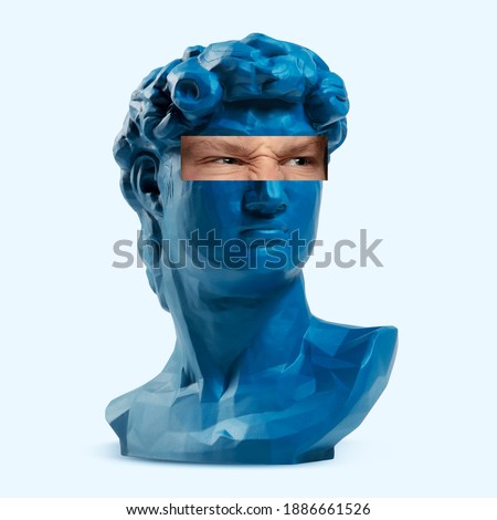 Collage with David's head replica, statue and male portrait isolated on white background. Negative space to insert your text. Modern design. Contemporary colorful and conceptual bright art collage. Photo stock © 