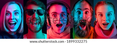 Collage of portraits of young emotional people on multicolored background in neon. Concept of human emotions, facial expression, sales. Smiling, listen to music with headphones. Flyer for ad, offer