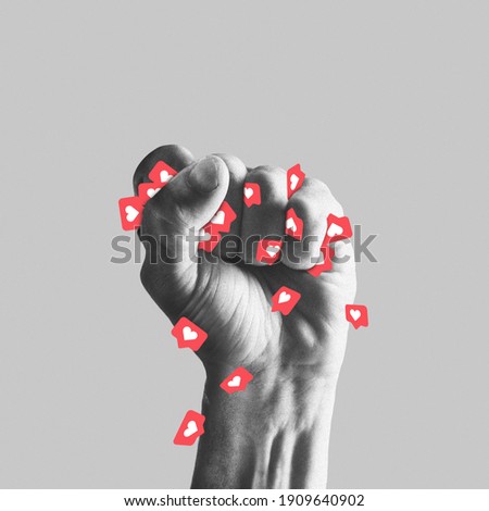 Human fist full of likes. Stop addiction of social media. Modern design, contemporary art collage. Inspiration, idea, trendy urban magazine style. Negative space to insert your text or ad.