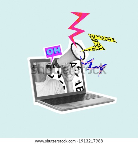 Shouting out your own thoughts online. Man with megaphone in laptop. Modern design, contemporary art collage. Inspiration, idea, trendy urban magazine style. Negative space to insert your text or ad. Foto d'archivio © 