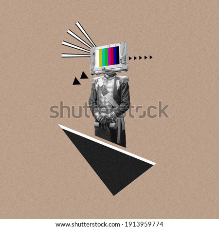New ideas. Renaissanse man headed by old TV isolated on background. Negative space to insert your text. Modern design. Contemporary colorful and conceptual bright art collage, art collage. Visual art.