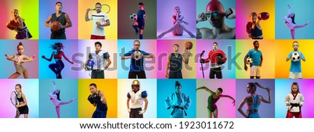 Sport collage of 20 professional athletes on gradient multicolored neoned background. Concept of motion, action, active lifestyle, wellness. Football, soccer, basketball, tennis, box. Made of models. Stockfoto © 