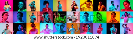 Collage of faces of 16 emotional people on multicolored backgrounds in neon light, fluid. Expressive models, multiethnic group. Human emotions, facial expression concept. Movie, fashion, music, beauty