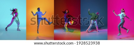 Collage of portraits of young emotional people on multicolored background in neon. Concept of human emotions, facial expression, sales. Listen to music with headphones, dancing. Flyer for ad, offer
