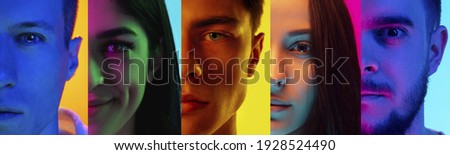 Collage of portraits of young emotional people on multicolored background in neon. Concept of human emotions, facial expression, sales. Close up half faces, beauty, fashion. Flyer for ad, offer