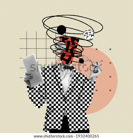 Online lifestyle. Comics styled bright plaid suit. Modern design, contemporary art collage. Inspiration, idea concept, trendy urban magazine style. Negative space to insert your text or ad.