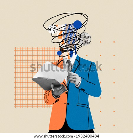 Preparing reports. Comics styled bright orange and blue suit. Modern design, contemporary art collage. Inspiration, idea concept, trendy urban magazine style. Negative space to insert your text or ad. Foto d'archivio © 