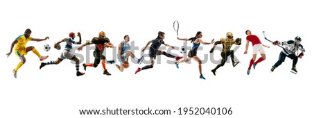 Collage of different professional sportsmen, fit people in action and motion isolated on white background. Flyer. Concept of sport, achievements, competition, championship. Basketball, football