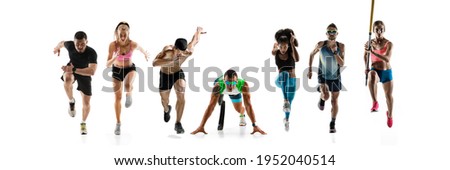 Collage of different professional sportsmen, fit people in action and motion isolated on white background. Flyer. Concept of sport, achievements, competition, championship. Running, pole vault