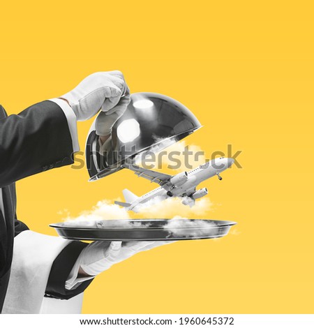 Tasty vacation. Waiter serving air vacation with plane on yellow studio background. Copy space for ad, text. Modern design. Conceptual, contemporary bright artcollage. Party time, fun mood.