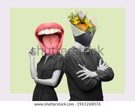 Couple headed with bouquet of spring flowers and big female mouth on pastel background. Copy space for ad, text. Modern design. Conceptual, contemporary bright artcollage. Summertime, surrealism.