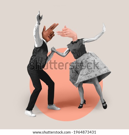 Couple headed with hands dancing on geometrical background. Modern design, contemporary art collage. Inspiration, idea, trendy urban magazine style. Negative space to insert your text or ad