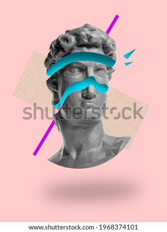 Split. Collage with plaster head statue isolated on bright multicolored background. Copy space for ad, text. Modern design. Line art. Surrealism. Modern unusual art. Neon light