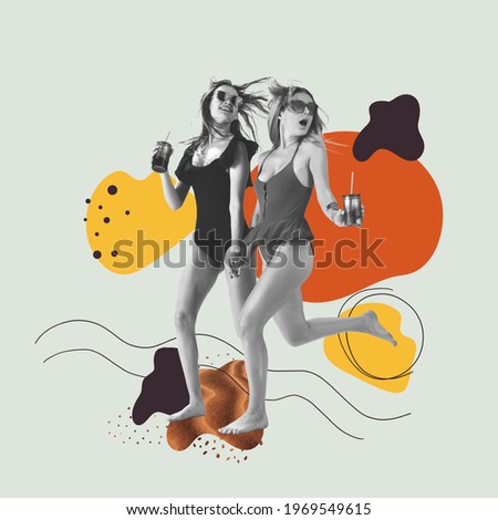 Two beautiful girls in swimming suits on geometric light background. Contemporary art collage, modern design. Copy space for ad, text. Conceptual bright art collage. Party time, fun summer mood.