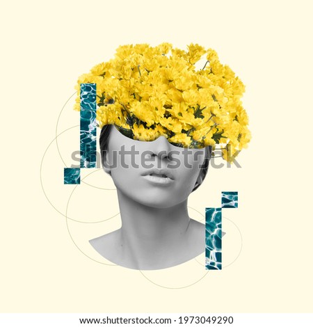 Female beauty portrait with flowers on pastel background. Modern design, contemporary art collage. Inspiration, idea, trendy urban magazine style. Negative space to insert your text or ad. Surrealism.