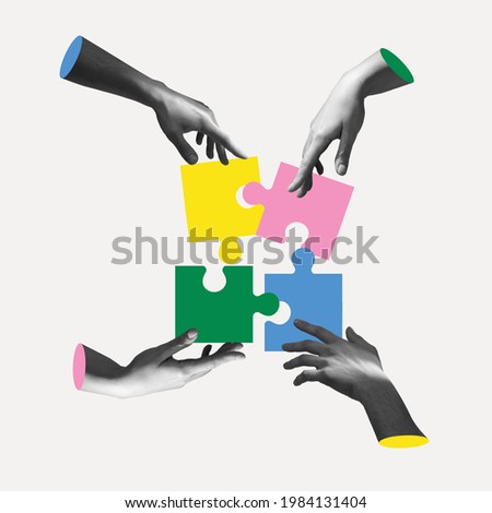 Male and female hands aesthetic on light background with colored puzzles, artwork. Concept of team work, business, community and professional occupation. Symbolism and surrealism.