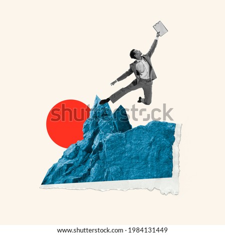 From work to vacations. Young manager, finance analyst or clerk dreaming at office isolated on light background. Contemporary art collage. Inspiration, idea, trendy. Concept of professional occupation