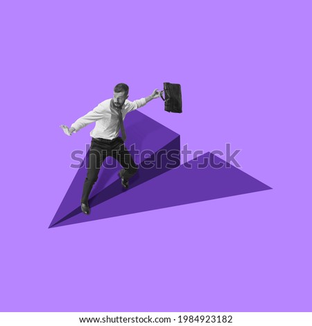 Young man manager, finance analyst or clerk in office suit flying on drawn plane isolated on purple background. Collage, illustration. Concept of finance, economy, professional occupation, business.