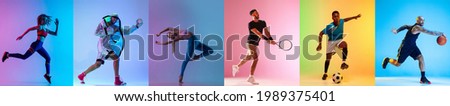 Soccer football, running, fitness, gymnastics, basketball, boxing and tennis. Collage of different professional sportsmen in action and motion isolated on multicolored background in neon. Flyer for ad Foto stock © 