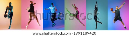 Collage of different professional sportsmen in motion and jumping on multicolored background in neon. Soccer football, ballet, basketball, tennis, swimming. Flyer for advertising, ad. Photo stock © 