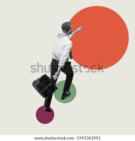 Career ladder. Up to success. Young man, businessman, finance analyst or clerk in business clothes going up on abstract art background. Concept of finance, target, professional occupation, business