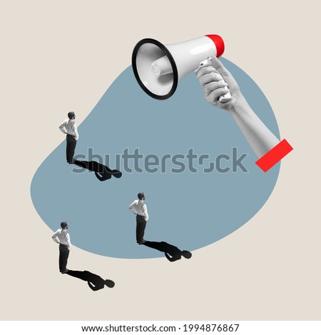 Flat isometric view of businessmen and woman with male hand with megaphone. Office items concept. Business processes, workplace concepts. Miniature people. Collage