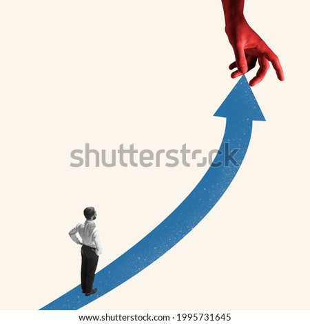 Successful young businessman running up the arrow, path to success and goal. Creative art collage. Man isolated on blue. Concept of finance, economy, professional occupation, business and career.