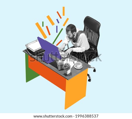 Yeloow, purple and orange colors. Young man, manager working hardly isolated over blue background, Trendy bright colors. Contemporary art. Creative conceptual and colorful collage. Office worker