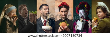 Fictional and real characters. Young people as a historical persons in vintage clothing tasting fast food on dark background. Concept of comparison of eras, modernity. Creative collage. Flyer