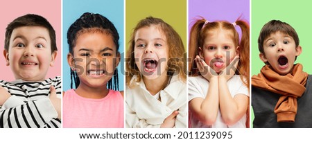 Collage made of portraits of little cute children, boys and girls isolated on multicolored studio background. Education, human emotions, facial expression concept. Displeased, shocked, surprised 商業照片 © 