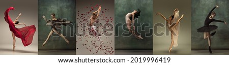 Contemporary or classic art. Collage of portraits of male and female ballet dancers dancing isolated on dark vintage background. Models in stage images. Concept of art, beauty, aspiration, creativity