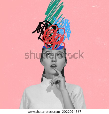 Chaos in girl's head and hurricane of thoughts. Modern design, contemporary art collage. Inspiration, idea concept, trendy urban magazine style. Back to school. Line art Foto stock © 