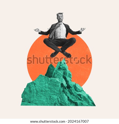 Funny meditation. Young manager or clerk dreaming at office isolated on light background. Contemporary art collage. Inspiration, idea, trendy. Concept of professional occupation, business, ad.
