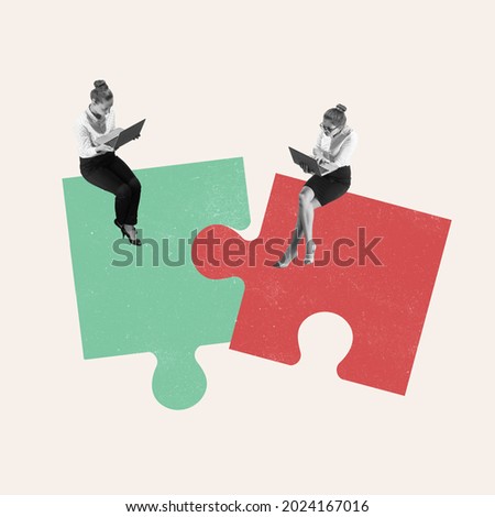 Team work. Young women, businesswomen, finance analyst or clerk in business clothes isolated on abstract art background. Concept of finance, economy, professional occupation, ad.