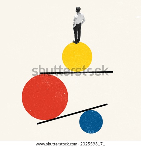 Keep balance in work tasks, goals. Young man, employee, office worker isolated on light background. Collage, illustration. Concept of finance, economy, professional occupation, business, ad.