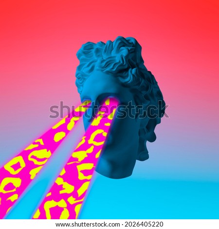 Surrealism. Modern conceptual art colorful poster with ancient statue of bust of Apollo replica isolated over colored background. Purple, blue and pink. Collage of contemporary art. Fashion design. Photo stock © 