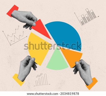 Goals, objectives, plans. Human hands control, taking pieces of muclticolored diagram isolated on light background. Contemporary art collage. Inspiration, idea. Concept of work, occupation, business